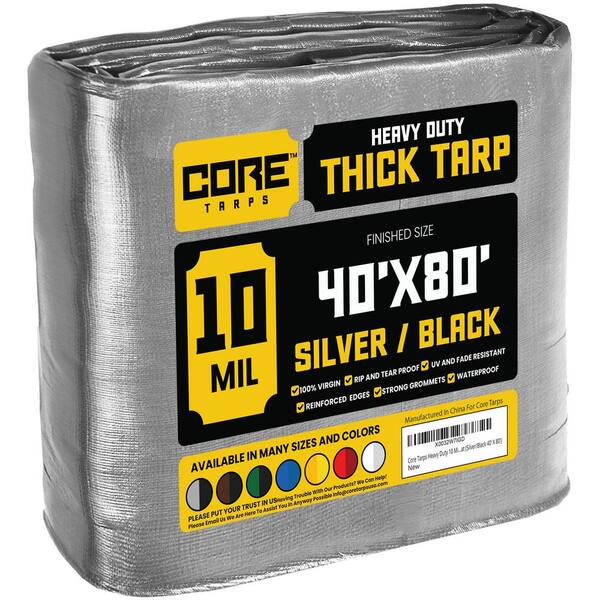 CORE TARPS 40 ft. x 80 ft. Silver/Black 10 Mil Heavy Duty Polyethylene Tarp, Waterproof, UV Resistant, Rip and Tear Proof