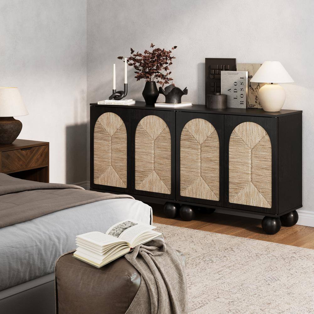 Black Boho Storage Cabinet with Seagrass Doors and Solid Wood Legs
