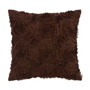 Ruffled Rose Brown Polyester 15 in. x 15 in. Decorative Throw Pillow