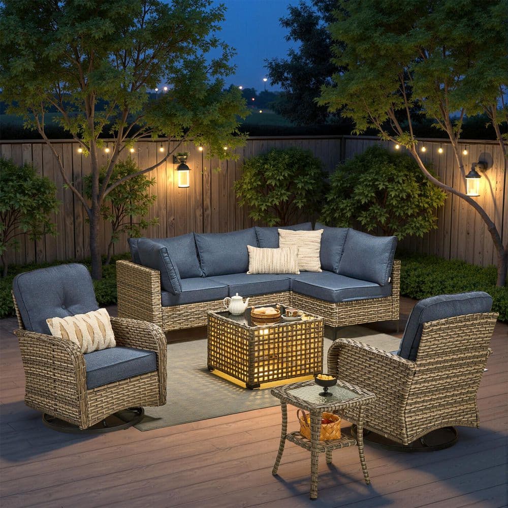Chroma 8 Pieces Pieces Wicker Outdoor Patio and Swivel Rocking Chairs with Denim Blue Cushions price history on PriceWatchPro
