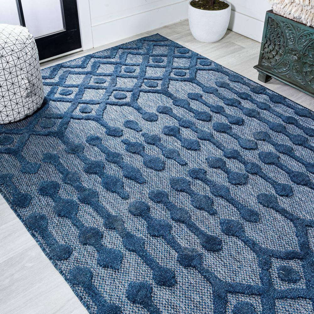 Navy Diamond Geometric Handmade Indoor/Outdoor Synthetic Rug