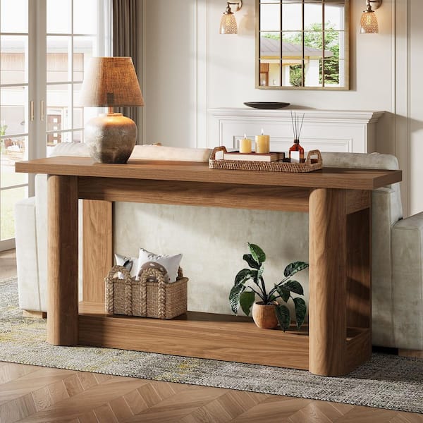 Benjamin 63 in. Brown Rectangle Behind Sofa Entryway Couch Wall Accent Wood Console Table Home Office 2-Tier Shelves