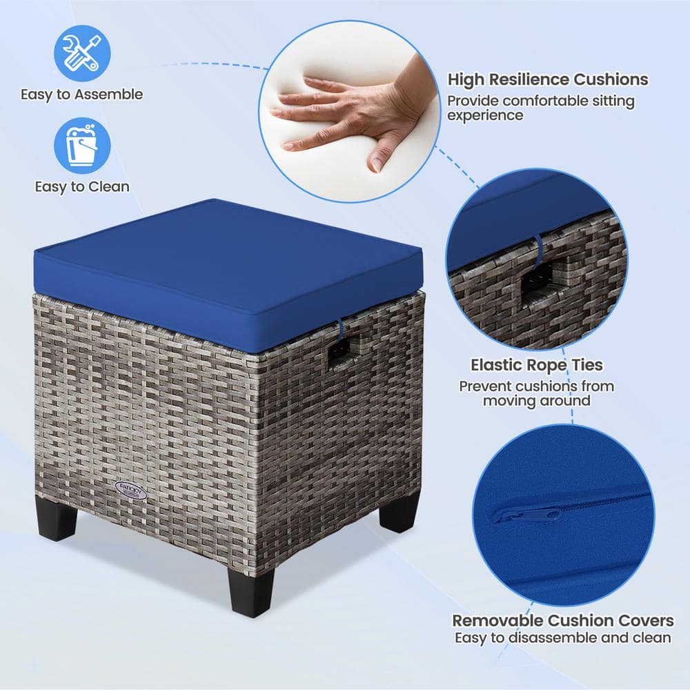 Mix Gray Steel Frame Outdoor Ottomans with Navy Cushions, 2 Pack