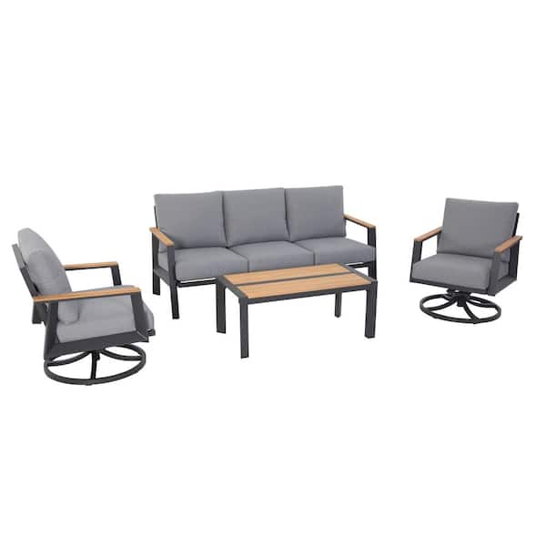 Patio Time Burton 4-Piece Aluminum and Teak Sofa Set with Swivel Chair