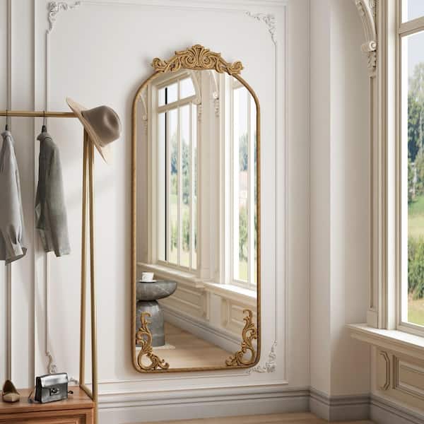 Bronze 24 in. W x 58 in. H Arched Metal Framed Mirror with Vintage Ornate Carved Applique
