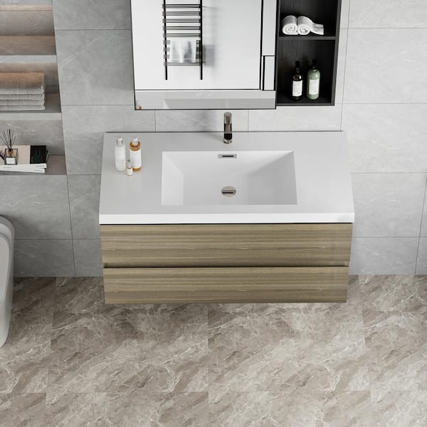 42 in. W Floating Bathroom Vanity in Ash Grey with White Resin Top Basin, Soft Close Drawers