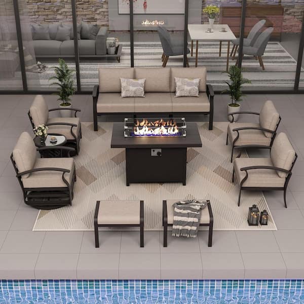 Halmuz 7-Seat Aluminum Patio Conversation Set with armrest, Fire pit Table, Swivel Rocking Chairs, Ottomans and Sand Cushions