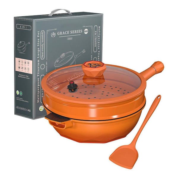 8-Piece Tangerine Nonstick Aluminum Multipurpose Deep Frying Pan Set with Glass Lid and Steamer Grid Oven Safe