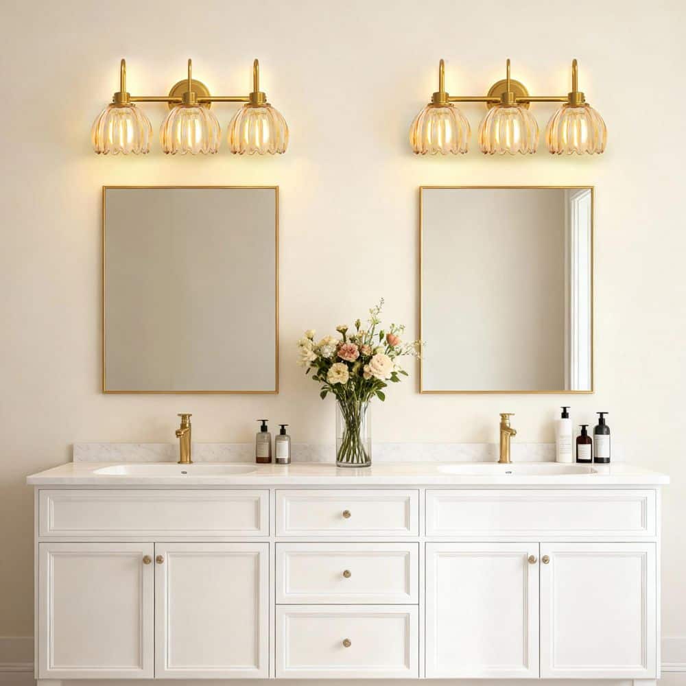 20 in. 3-Light Gold Metal Vanity Light with Tulip-Shaped Amber Glass Shade for Bathroom Bulbs Not Included price history on PriceWatchPro