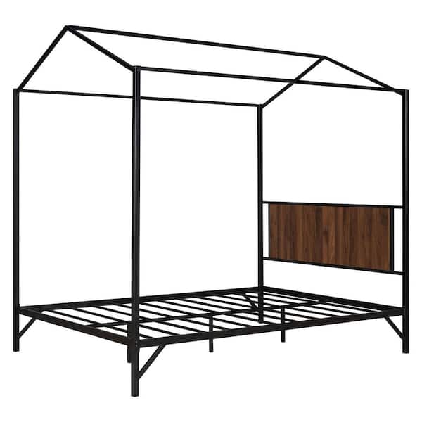 URTR Black Metal Frame Full Size House Shape Platform Bed, House Bed with Headboard for Kids, Teens, Adults