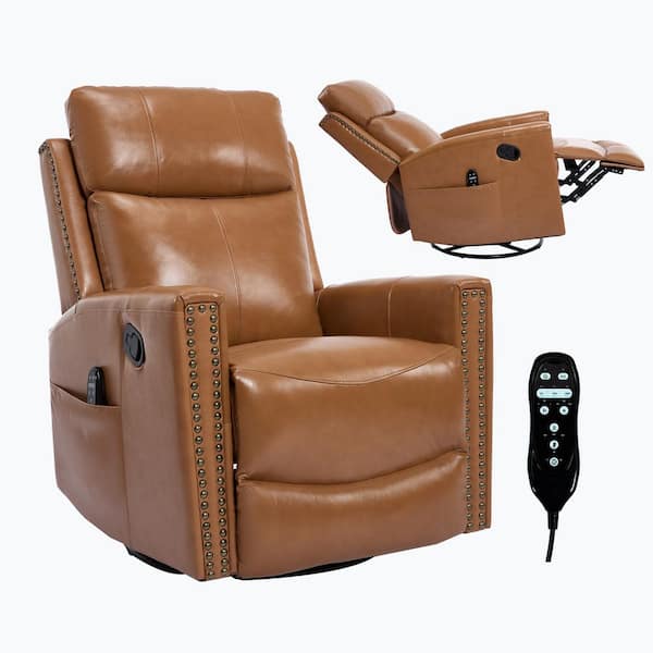 Clihome Orange Genuine Leather Recliner Chair with 360° Swivel Rocker 8-Point Massage Lumbar Heat and Manual Handle Recline