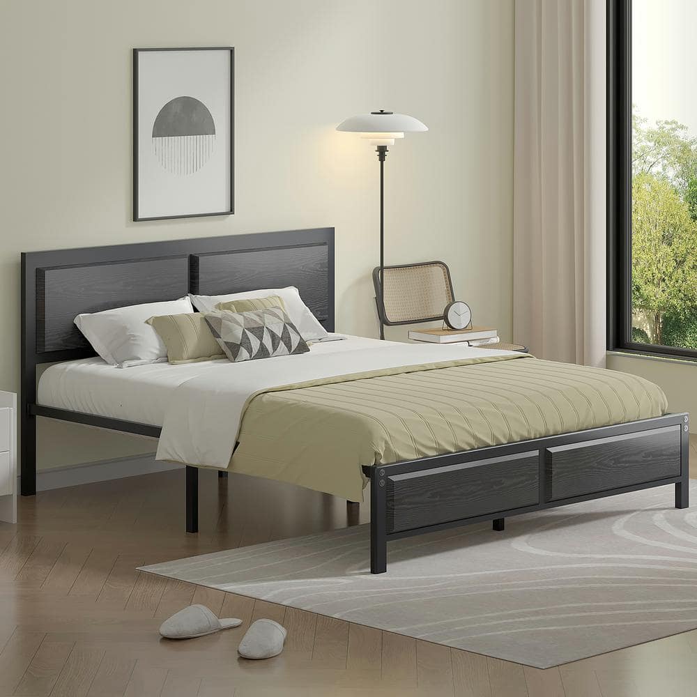 Metal Bed Frame Black Metal Frame Full Size Platform Bed with Rustic Country Style Wooden Headboard and Footboard - thumbnail 3