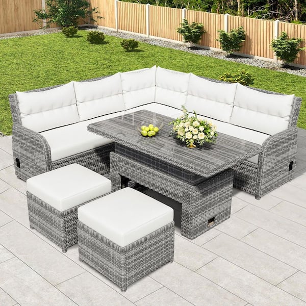6-Piece Wicker Outdoor Sofa Sectional Set Patio Seating Set with Beige Cushions, Adjustable Table/Recliners