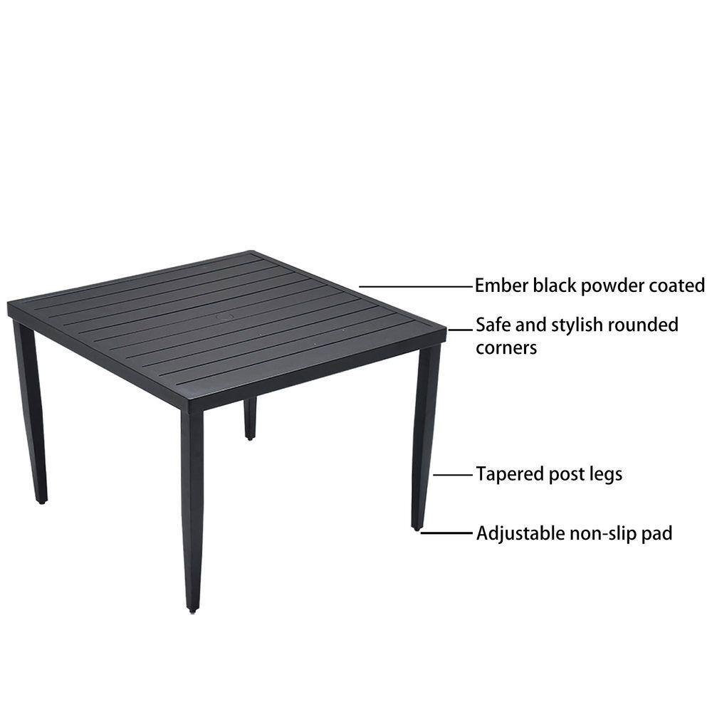Avex Ember Black Square Aluminum Outdoor Dining Table with feature callouts