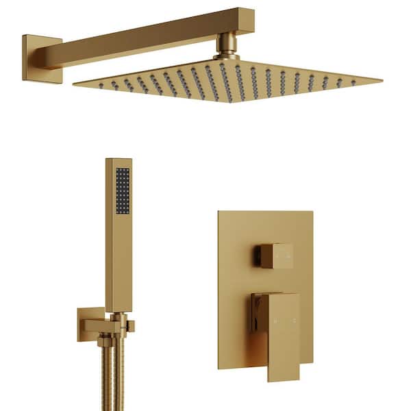 10 in. 2-Spray Square High Pressure Wall Bar Shower Kit with Hand Shower 2.5 GPM in. Brushed Gold (Valve Included)