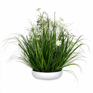 25 in. Artificial Potted Cream Cosmos and Green Grass in White Plastic Pot