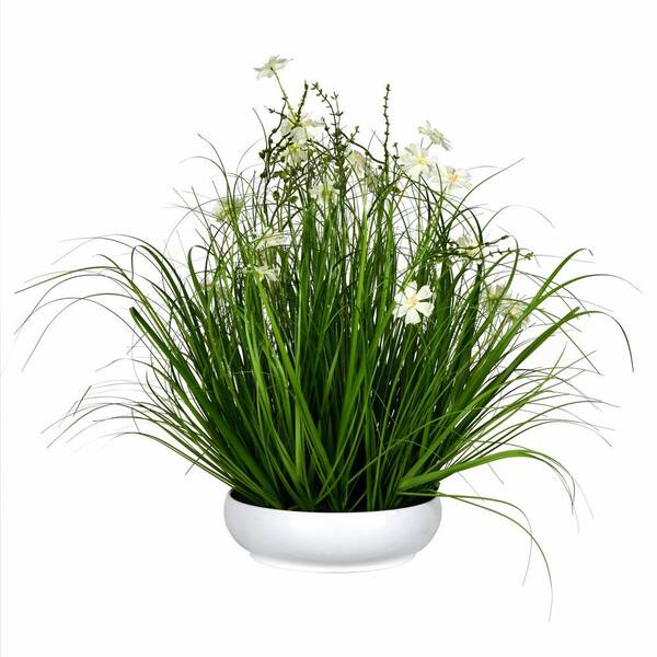 Vickerman 25 in. Artificial Potted Cream Cosmos and Green Grass in White Plastic Pot