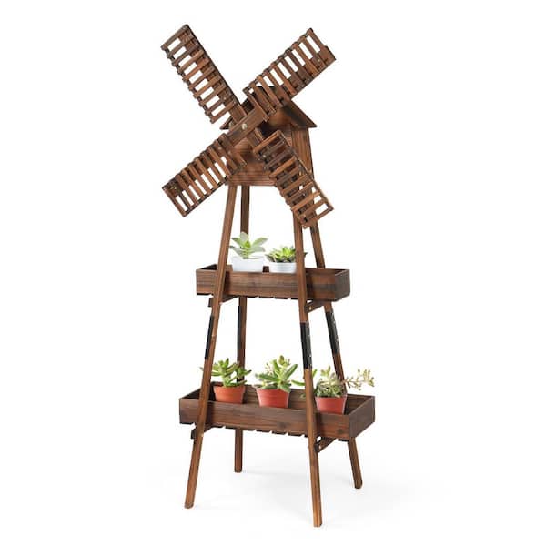 60.8 in. H Wood Tan Garden Windmill with Planter and Birdhouse Outdoor Decoration