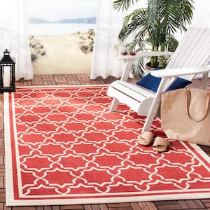 Courtyard Red/Bone 7 ft. x 7 ft. Square Geometric Indoor/Outdoor Patio  Area Rug