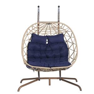 2-Person Wicker Outdoor Rocking Chair Egg Chair with Metal Stand and Deep Blue Cushion
