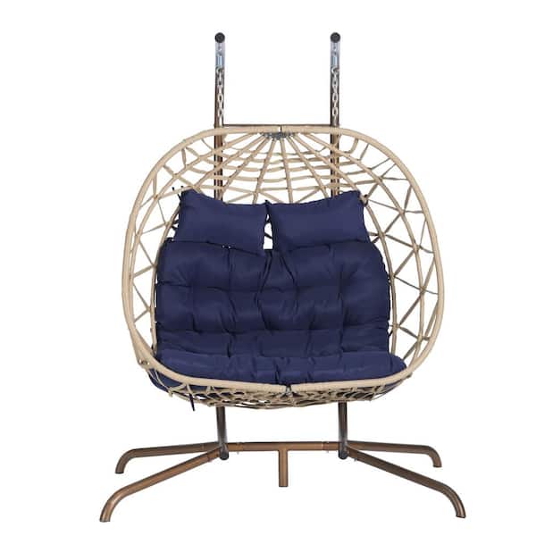 Angel Sar 2-Person Wicker Outdoor Rocking Chair Egg Chair with Metal Stand and Deep Blue Cushion
