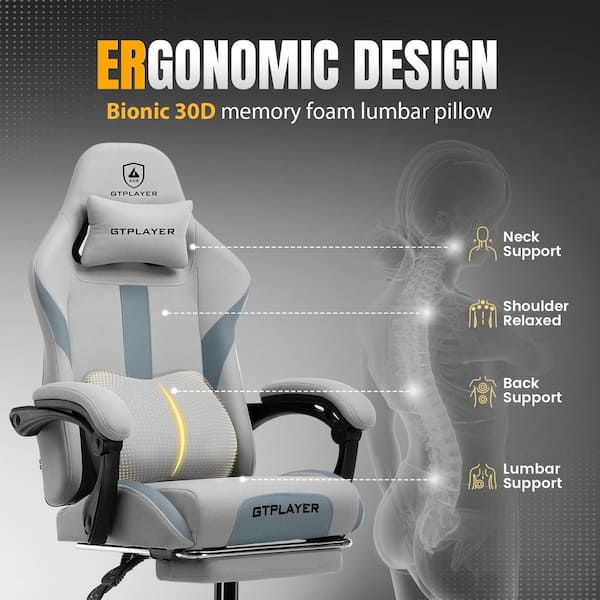 Gaming Chair Fabric with Pocket Spring Cushion Ergonomic Computer Chair with Headrest, Footrest, Lumbar Support, Gray