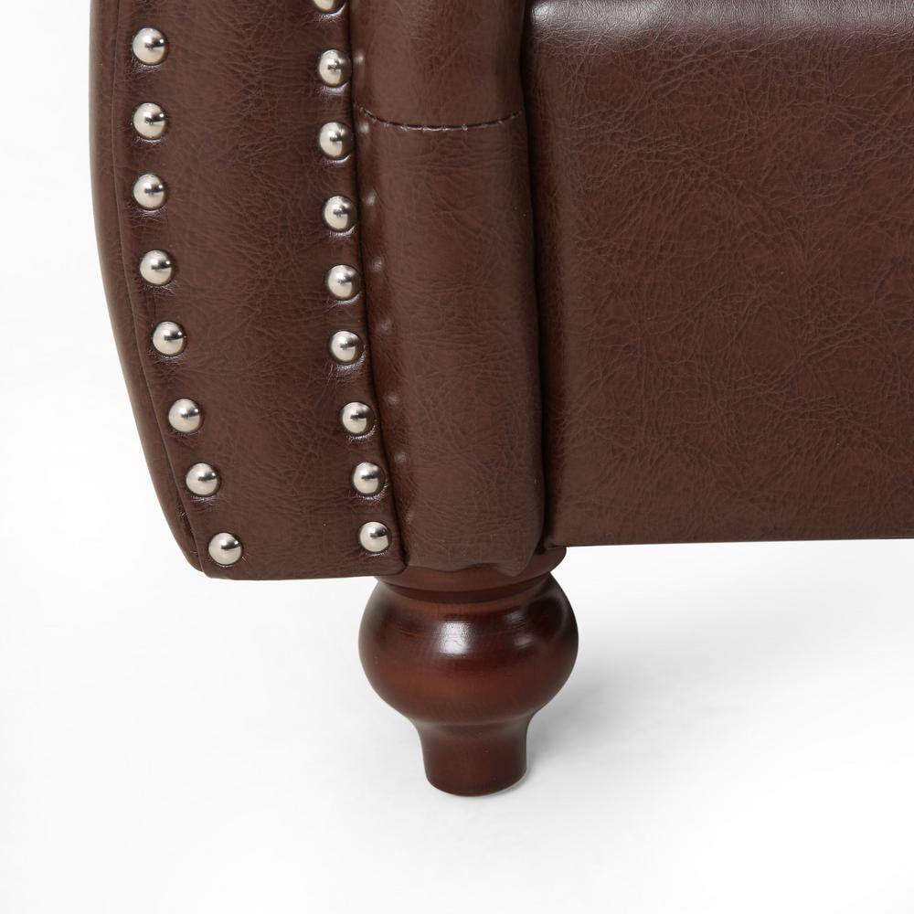 Elegant Dark Brown Faux Leather Loveseat with Espresso Wood Accents