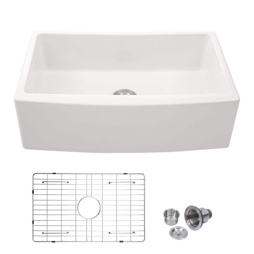 30'' Glossy White Ceramic Farmhouse Apron-Front Single Bowl Kitchen Sink