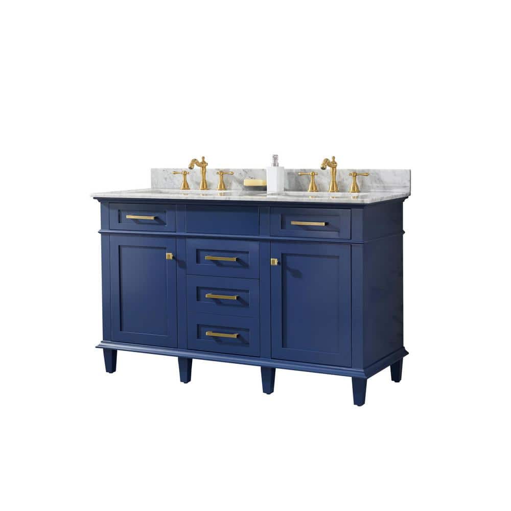 54 in. Navy Blue Double Sink Vanity with Carrara White Marble Top