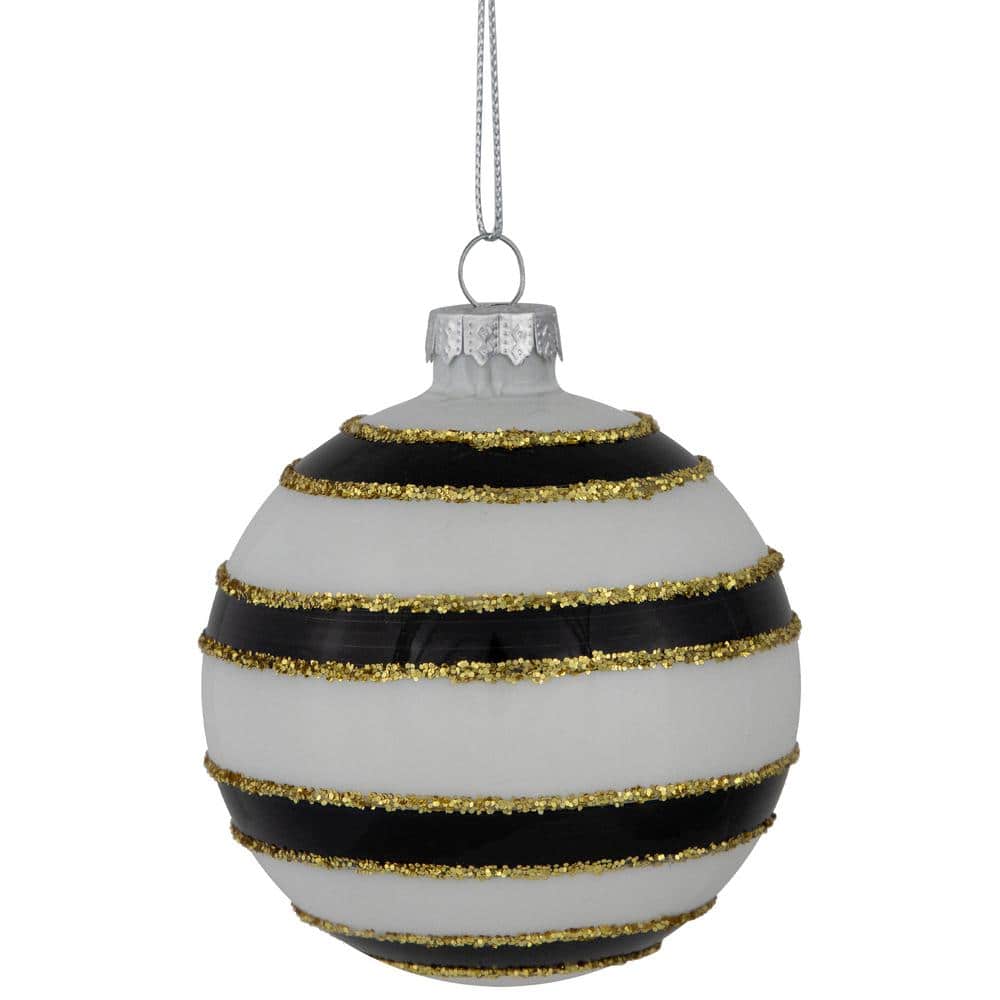 Set of 4 White and Black Striped Glass Christmas Ornaments with Gold Accents