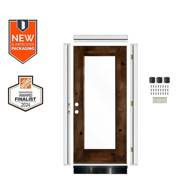 DIY 32in.x80in. Right-Handed Full Clear Glass Provincial Stain Knotty Alder Wood Front Door Kit w/ Quick Assemble Jamb