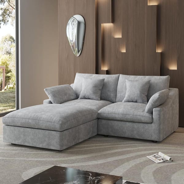 82 in. Square Arm 3-piece Linen Modular Sectional Sofa in. Gray with Ottoman, Living Room Couch, Customizable Design
