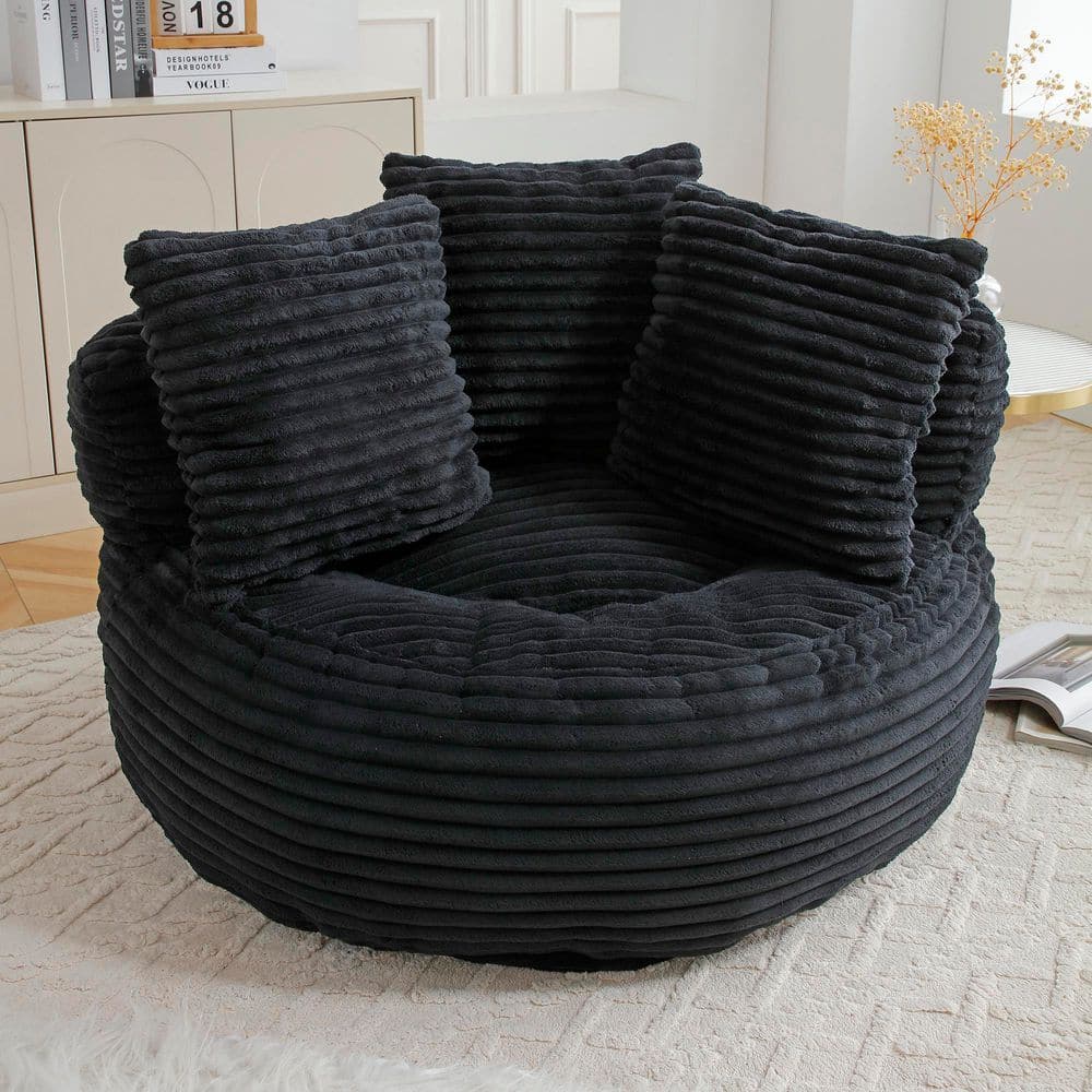 Black Corduroy Bean Bag Chair with Pillows and Backrest, Filled Foam Lounge Chair for Living Room, Apartment