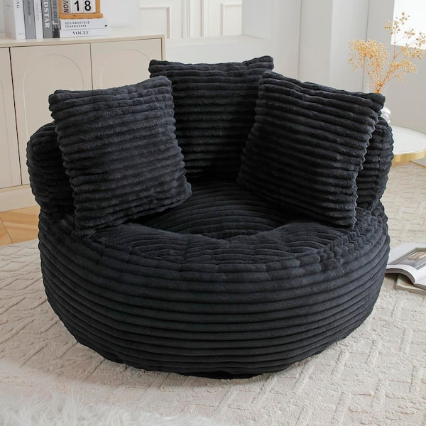 Black Corduroy Bean Bag Chair with Pillows and Backrest, Filled Foam Lounge Chair for Living Room, Apartment