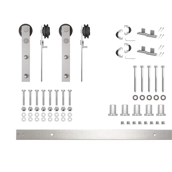 HOMACER 7 ft./84 in. Brushed Nickel Non-Bypass Sliding Barn Door Hardware Kit Straight Design Roller for Double Doors