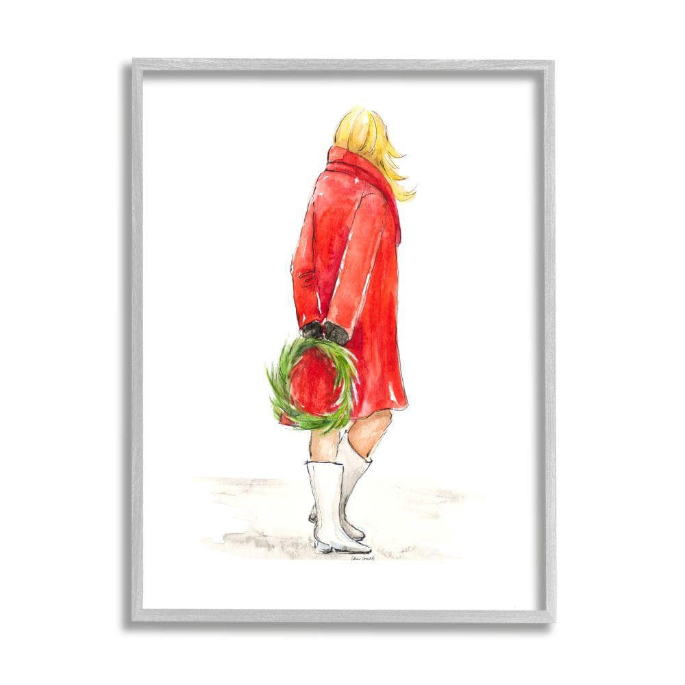 Fashion Red Jacket Christmas Woman with Wreath by Lanie Loreth Framed Print Abstract Texturized Art 24 in. x 30 in -  Stupell Industries, ai-644_gff24x30