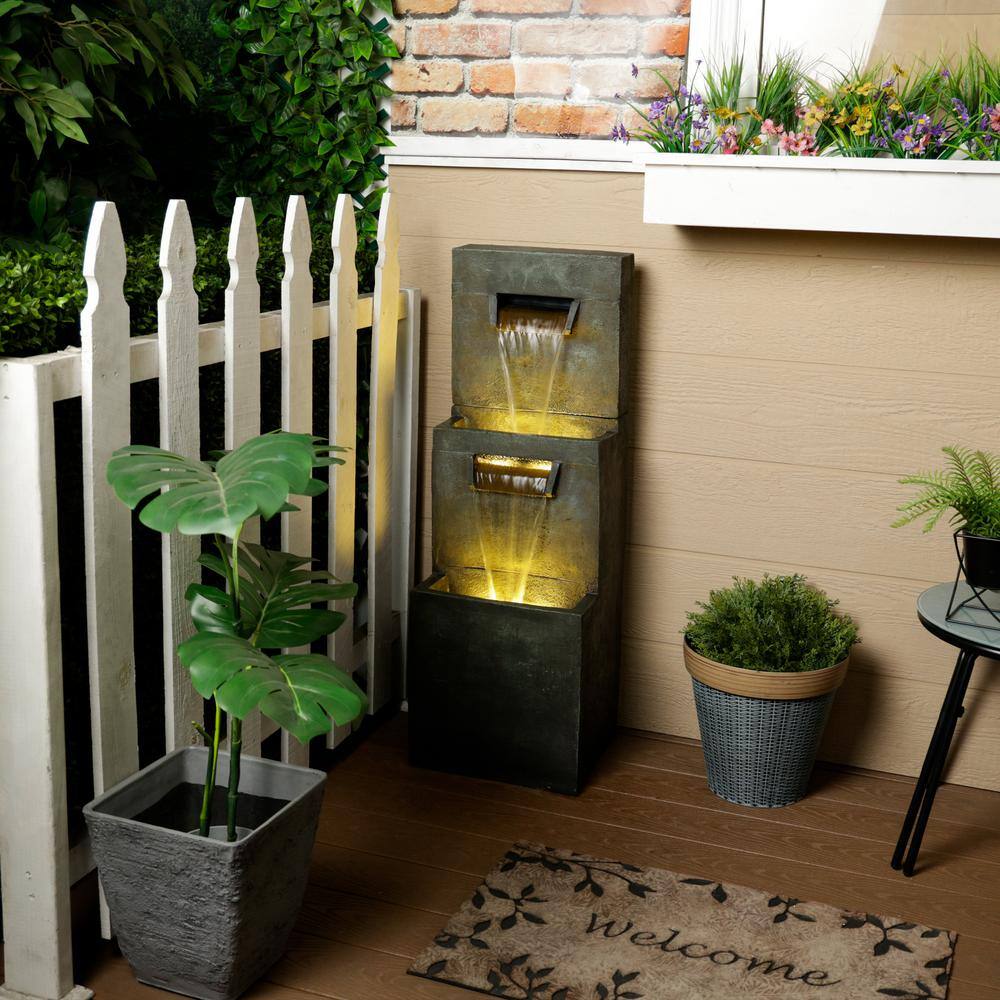 40" Gray Polyresin 2-Tier Modern Fountain with LED Lights
