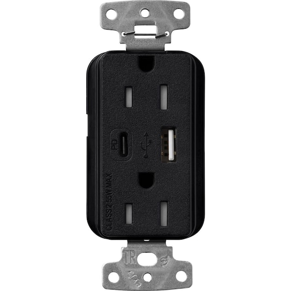 Claro 15 Amp Tamper Resistant USB Type A/C Duplex Receptacle, Decorator Style Outlet Satin Finish, SCR-15-ACTR-MN, Black