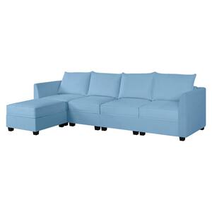 56.1 in. Linen Contemporary 4-Seater Upholstered Sectional Sofa Bed with Ottoman in. Robin Egg Blue