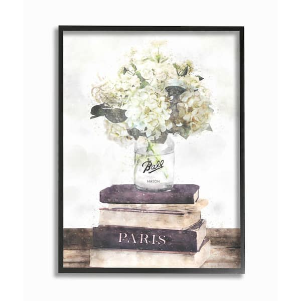 Stupell Industries "Delicate White Florals on Parisian Bookstack" by Ziwei Li Framed Nature Wall Art Print 11 in. x 14 in.