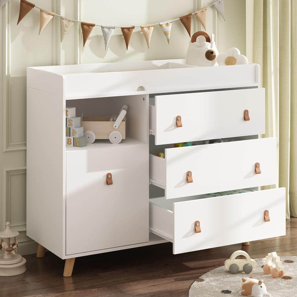 FUFU GAGA 4 Drawer White Wood 44.9 in. W Kids Low Dresser Storage Organizer Cabinet with 37.8 High Changing Table Open Shelf Mathis Home