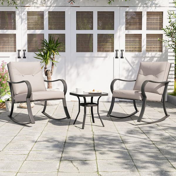 SANLUCE Patio Furniture Set, 3-Piece Metal Garden Rocking Chair, Bistro Set With Thick Cushions Tempered Glass Table, White