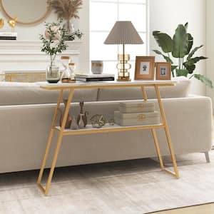 44 in. White Long Narrow Couch Table 2-Tier Rectangle Wood Console Table Entryway Table with Storage And Golden