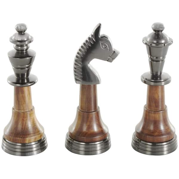 Silver Aluminum Metal King, Queen, and Knight Chess Sculpture with Mango Wood Center Set of 3