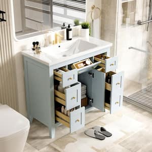 36 in. W x 18 in. D x 34 in. H Single Sink Freestanding Bath Vanity in Light Blue with White Resin Top and Storage