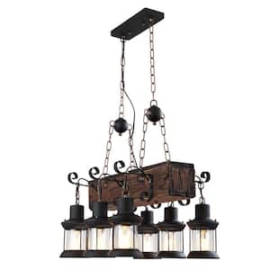 23.62 in. 6-Light Black and Brown Industrial Wooden Island Pendant Light with Glass Shade, No Bulbs Included