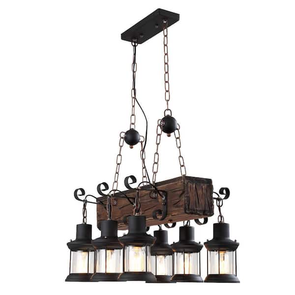 OUKANING 23.62 in. 6-Light Black and Brown Industrial Wooden Island Pendant Light with Glass Shade, No Bulbs Included