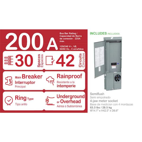 Homeline 200 Amp 30-Space 42-Circuit Outdoor Ring-Type Semi-Flush Mount Solar-Ready Main Breaker plug-on neutral CSED