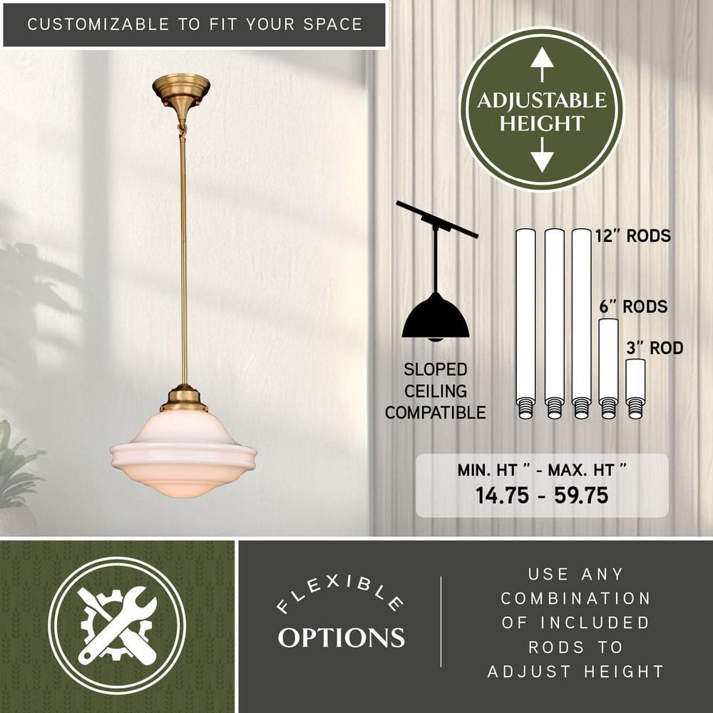 Huntley 12" Natural Brass Pendant with White Milk Glass