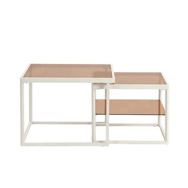 Polibi 23.6 in. White Square Tempered Glass Top Nested Coffee Table Set with Metal Frame